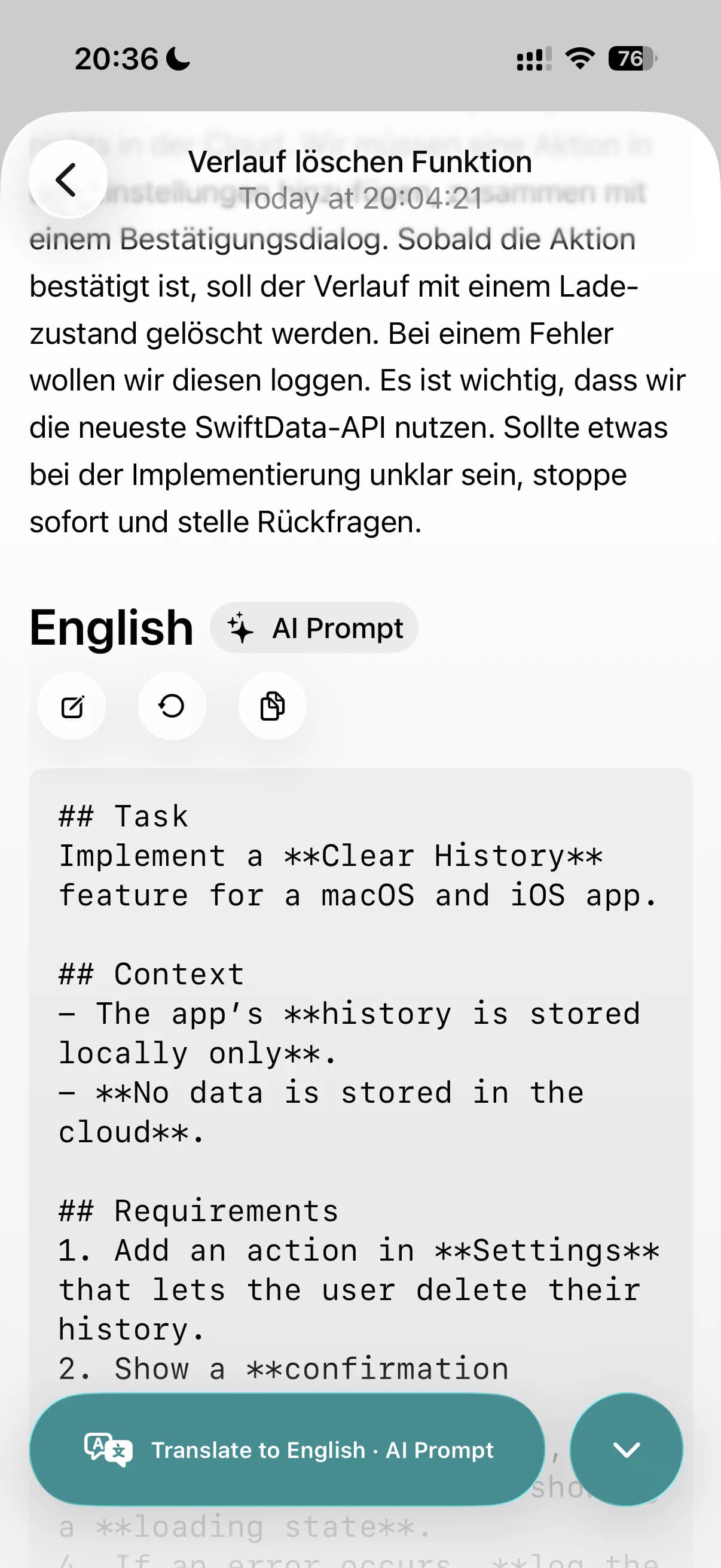 The AI Prompt format in Yappee on iPhone