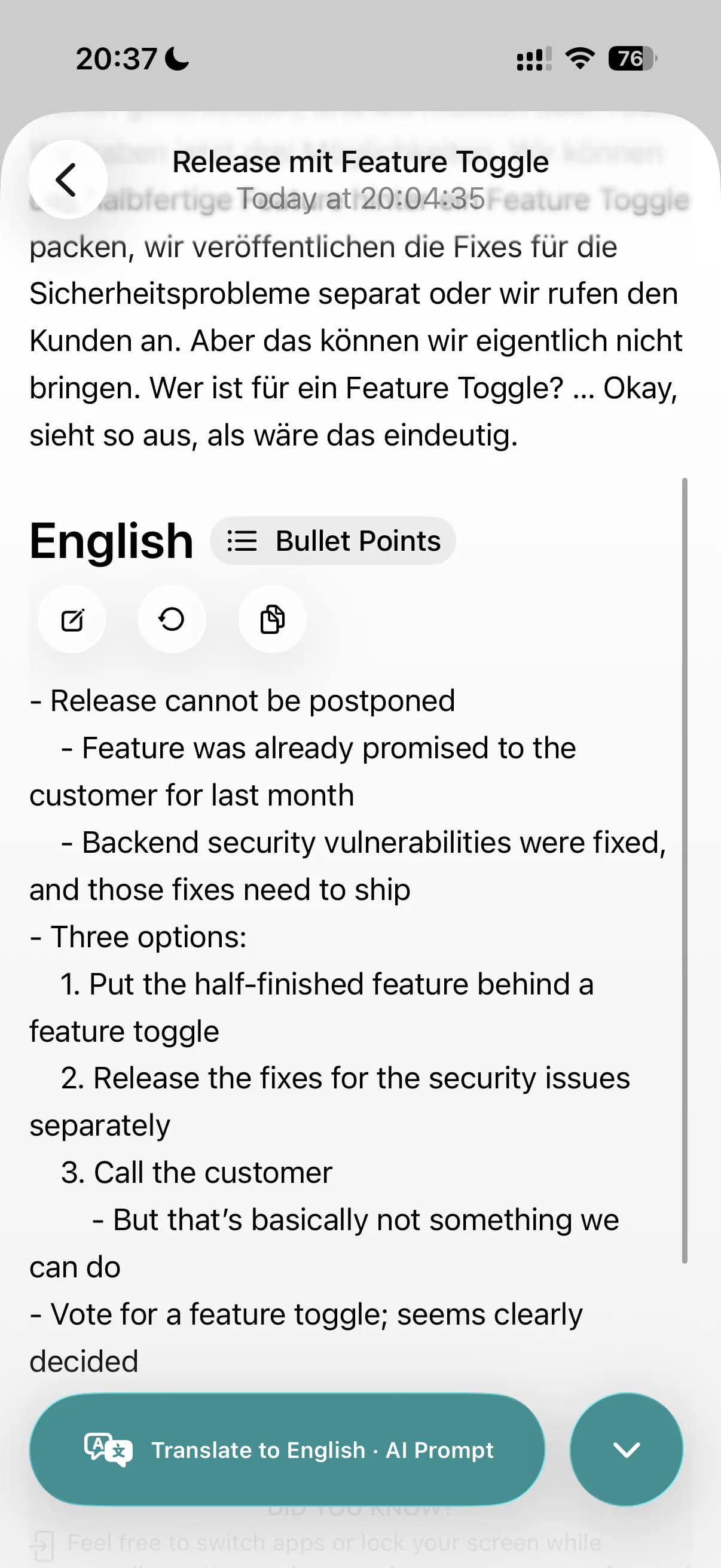 The Bullet Points format in Yappee on iPhone