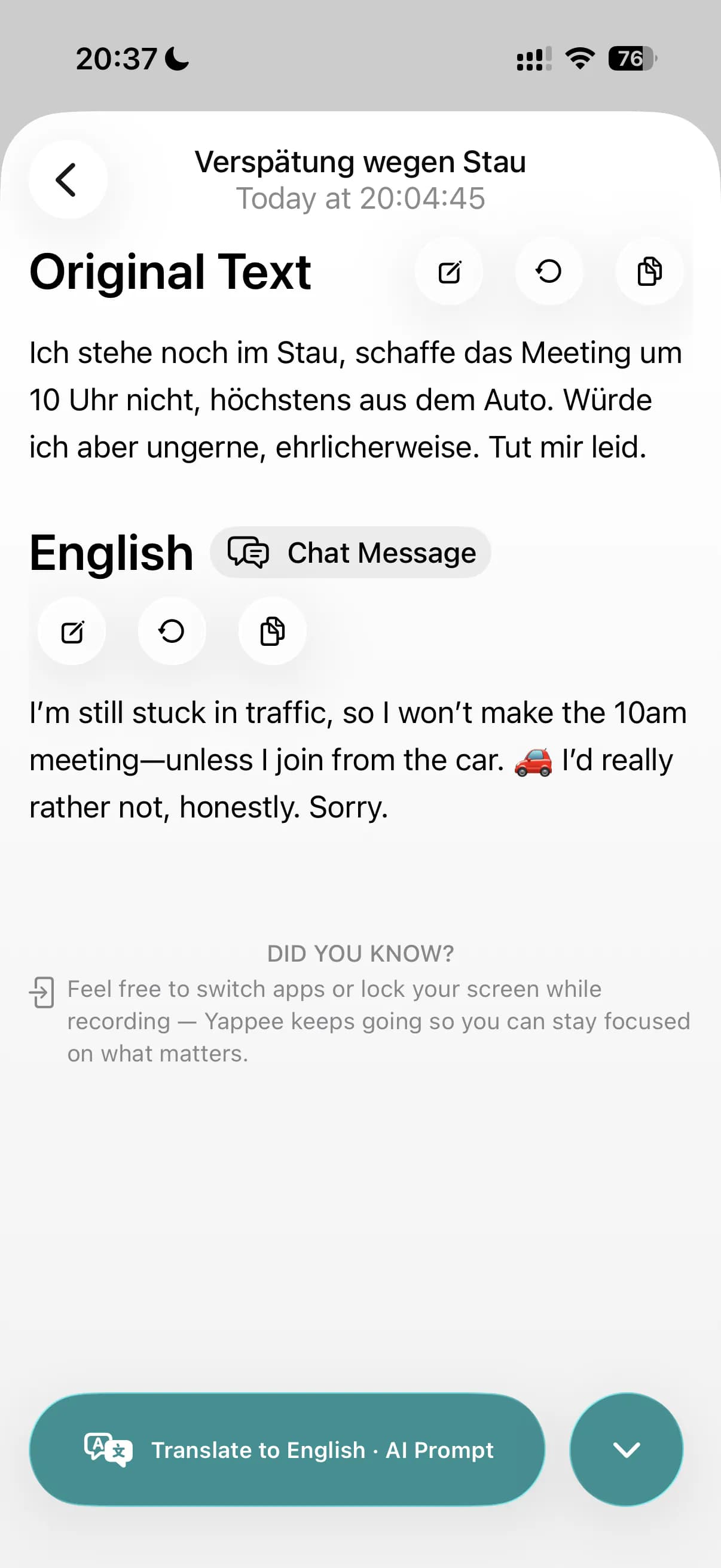 The Chat Message format in Yappee on iPhone
