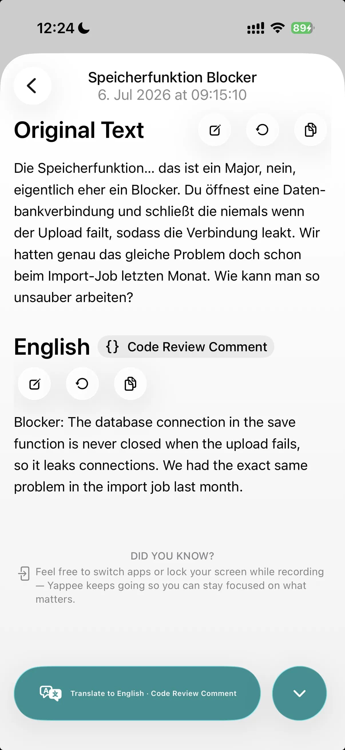 The Code Review Comment format in Yappee on iPhone