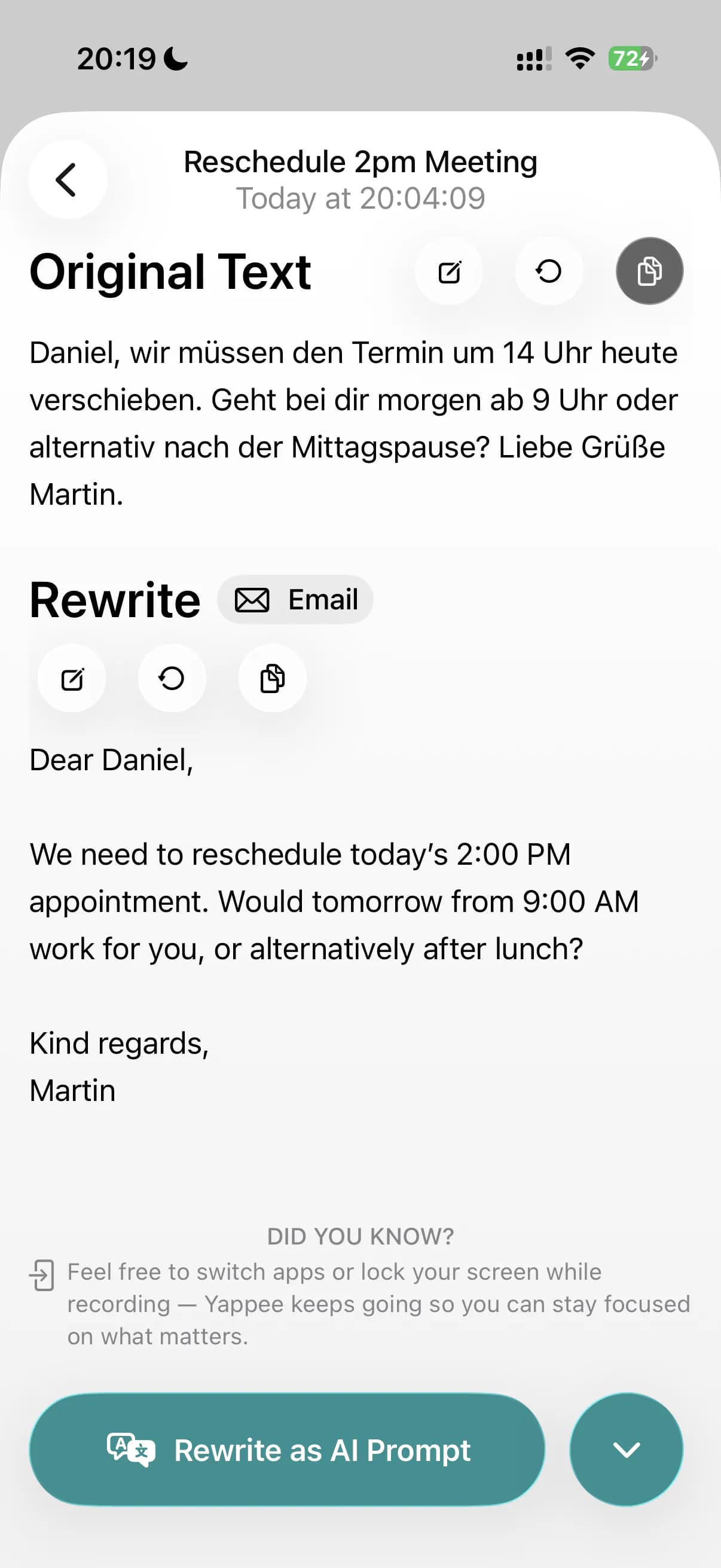 The Email format in Yappee on iPhone