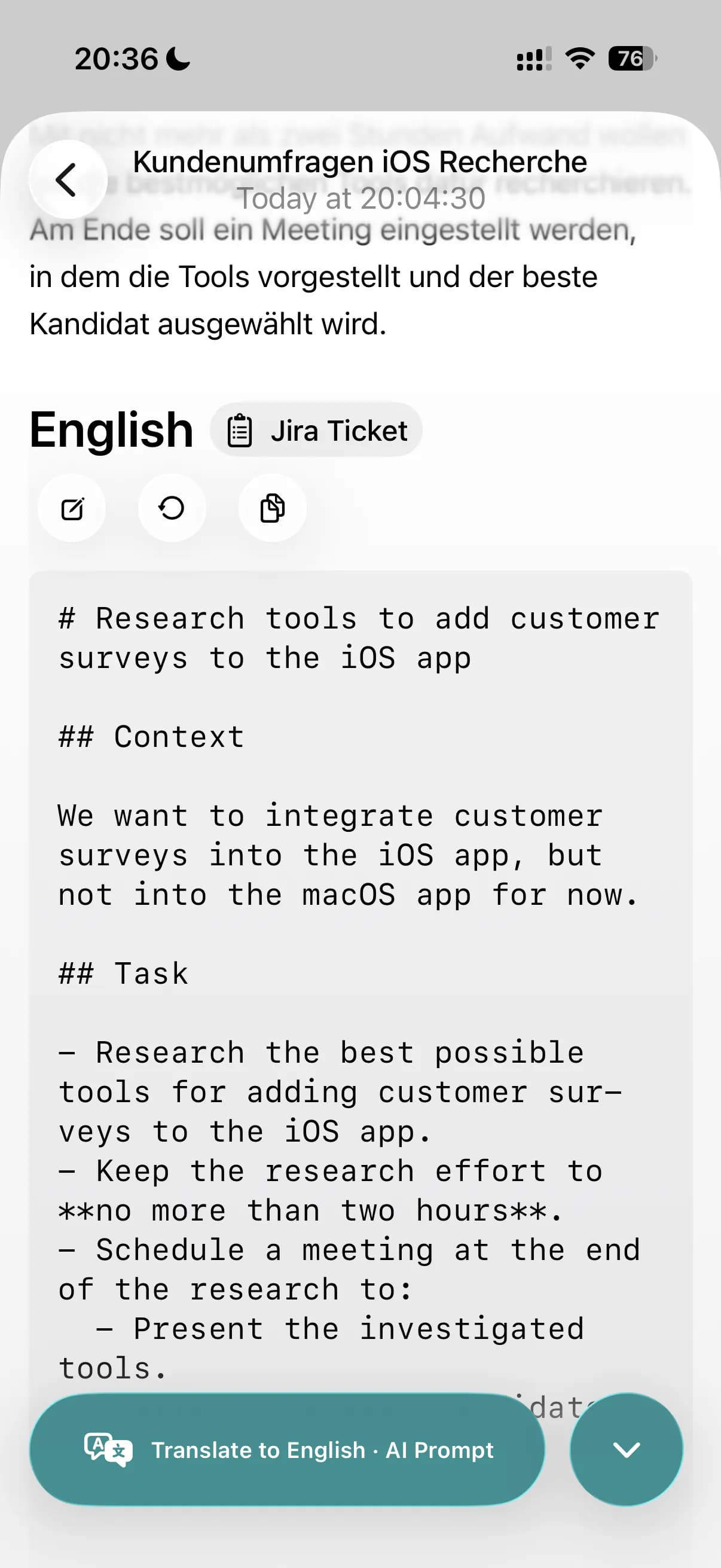 The Jira Ticket format in Yappee on iPhone