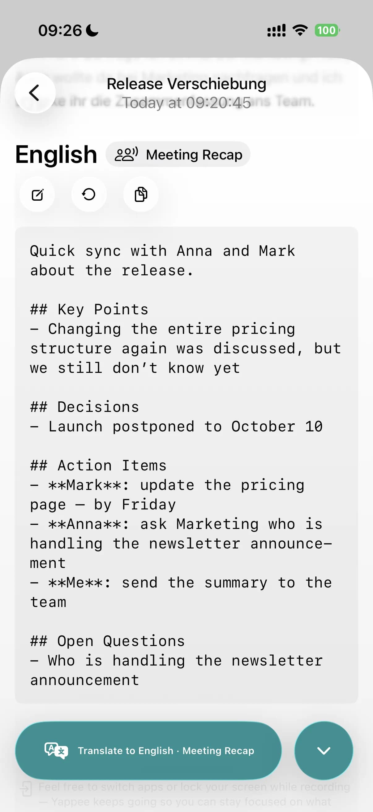 The Meeting Recap format in Yappee on iPhone