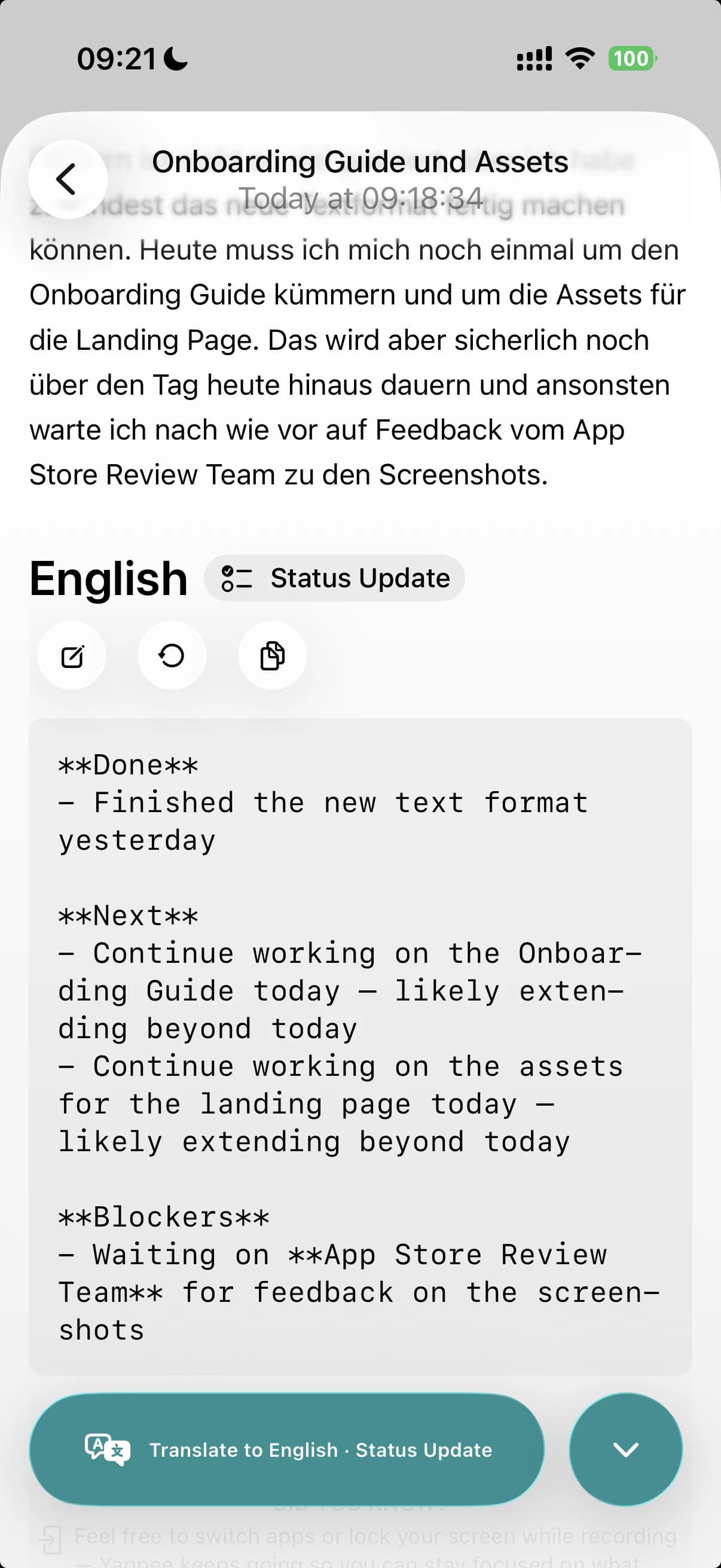 The Status Update format in Yappee on iPhone