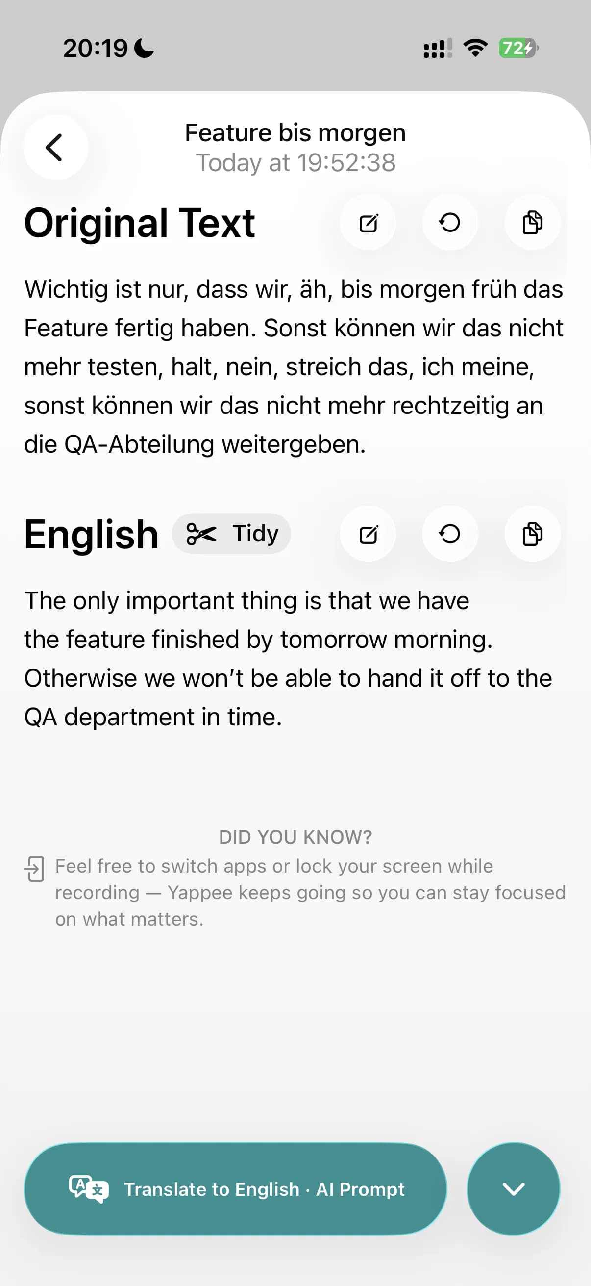 The Tidy format in Yappee on iPhone